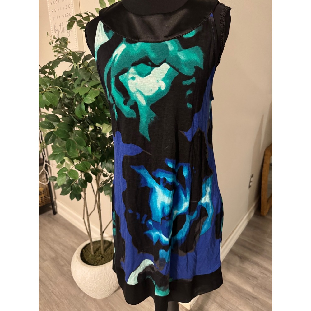Y2K Express Blue Teal Abstract Floral Sleeveless Shift Dress Satin Trim Size M